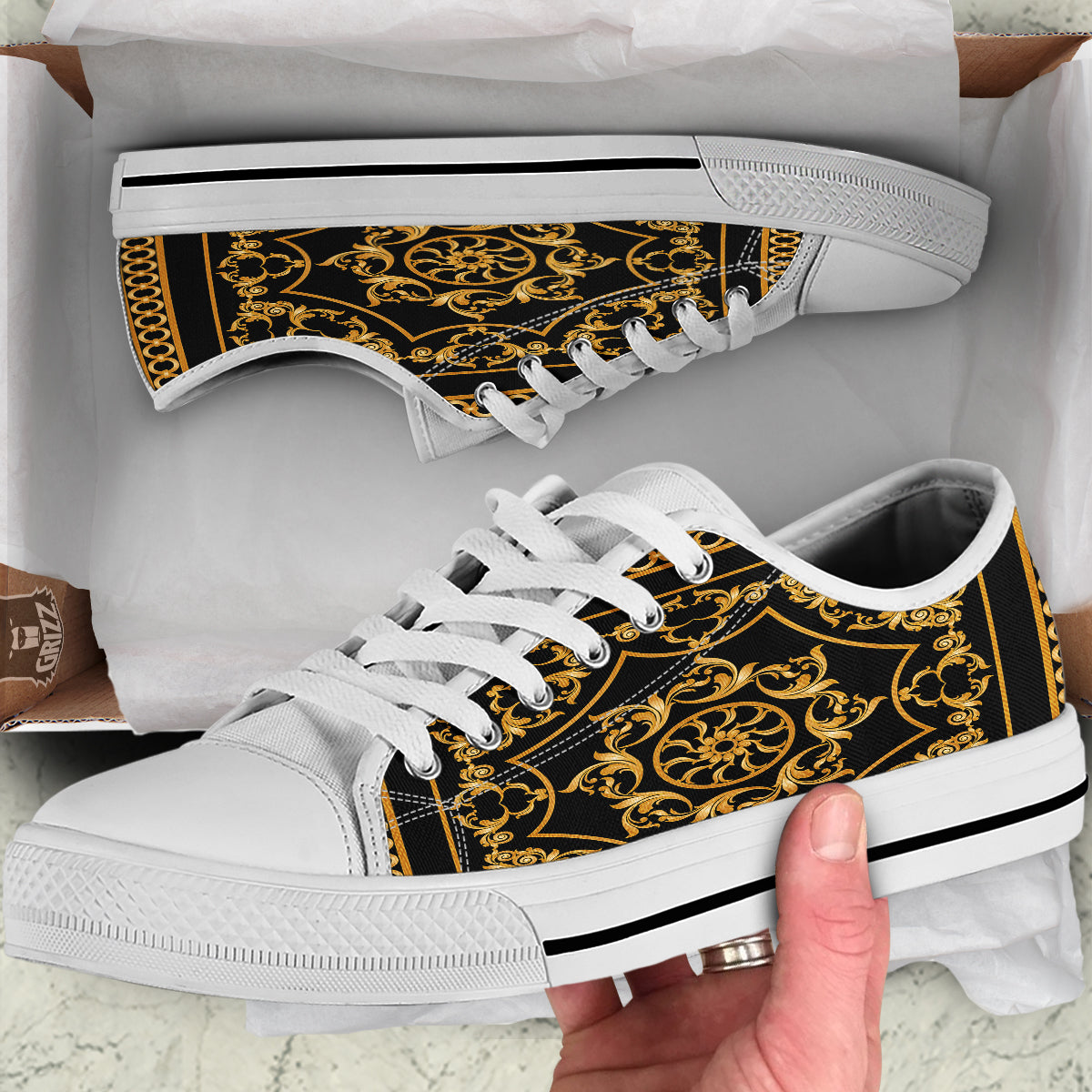 Golden Floral Baroque Print White Low Top Shoes-grizzshop