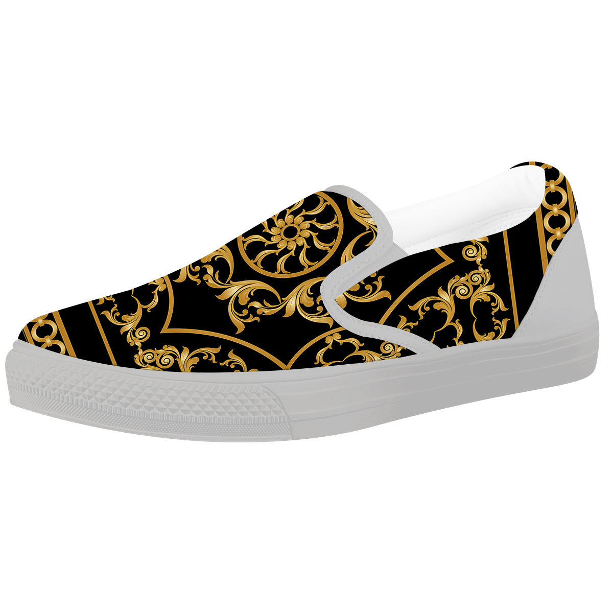 Golden Floral Baroque Print White Slip On Shoes-grizzshop