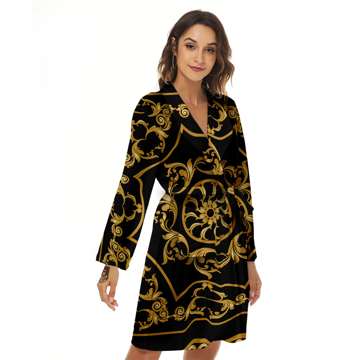 Golden Floral Baroque Print Women's Robe-grizzshop