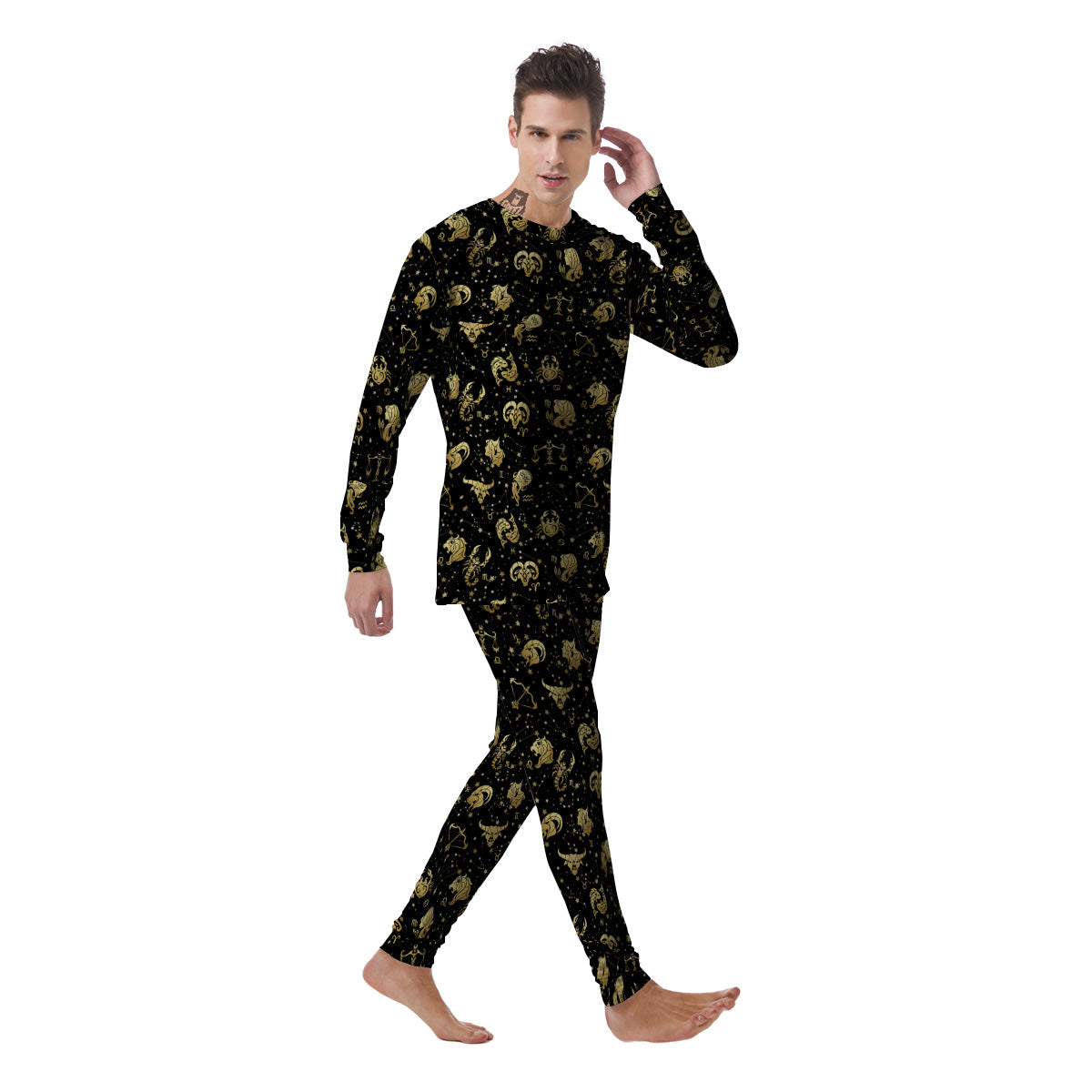 Golden Horoscope Zodiac Signs Print Pattern Men's Pajamas-grizzshop