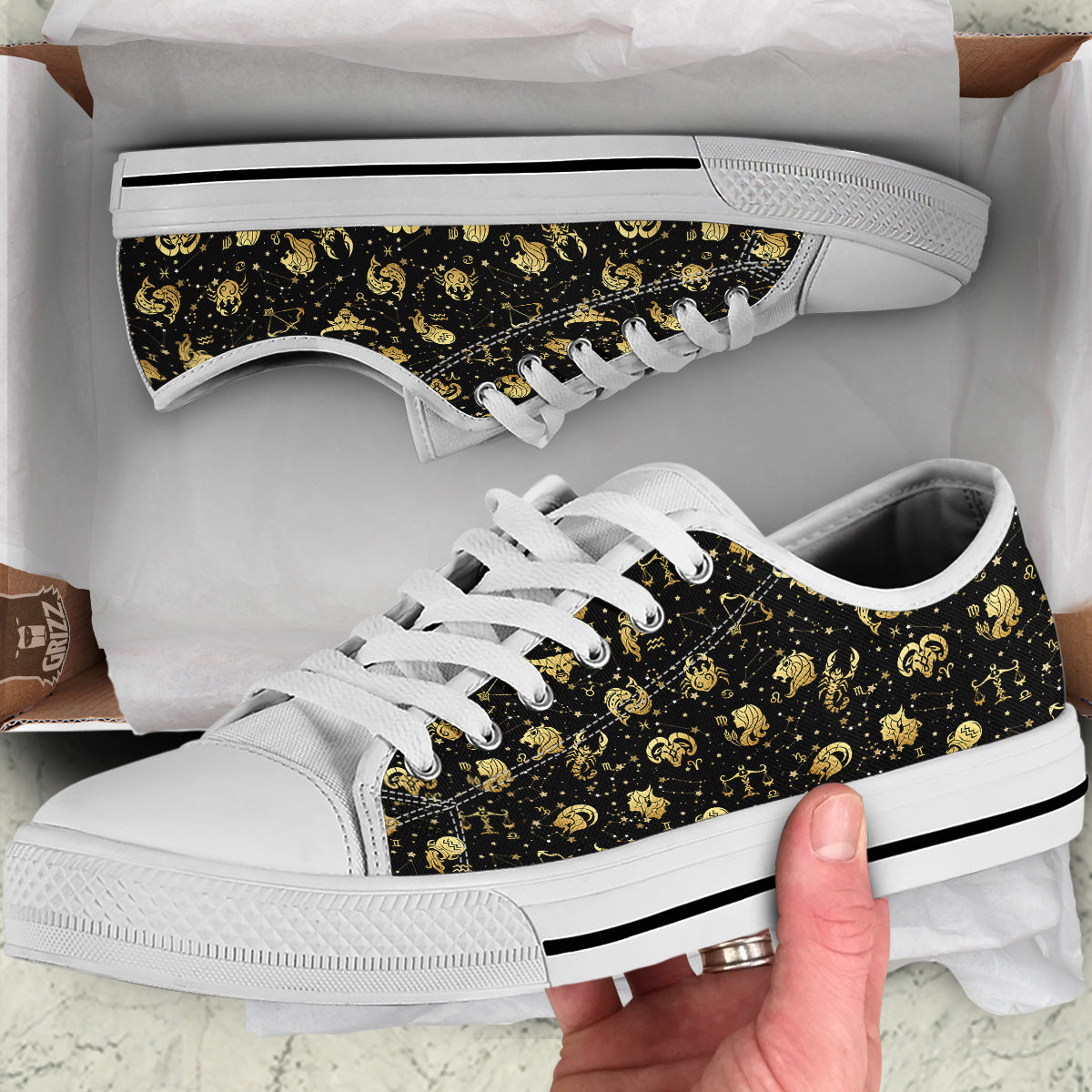 Golden Horoscope Zodiac Signs Print Pattern White Low Top Shoes-grizzshop