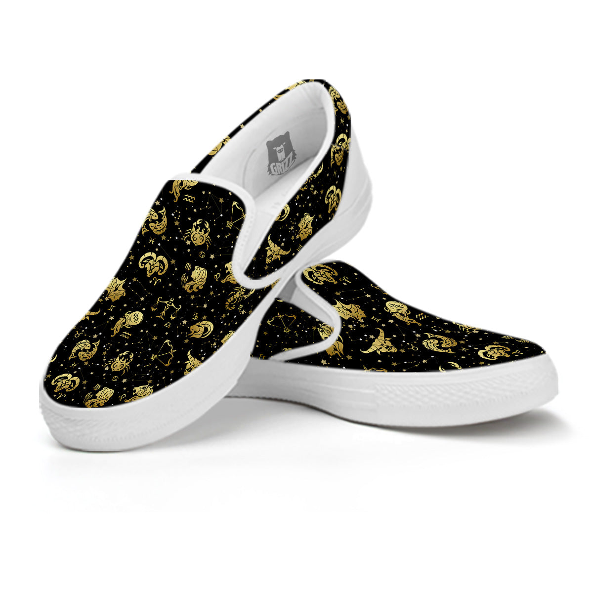 Golden Horoscope Zodiac Signs Print Pattern White Slip On Shoes-grizzshop
