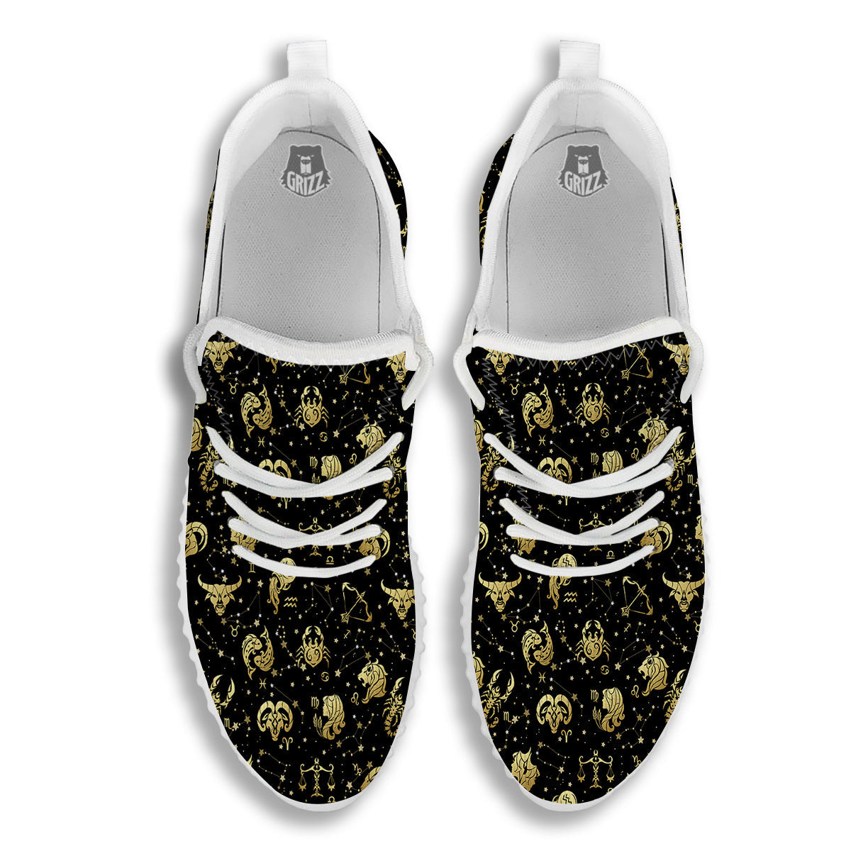 Golden Horoscope Zodiac Signs Print Pattern White Walking Shoes-grizzshop