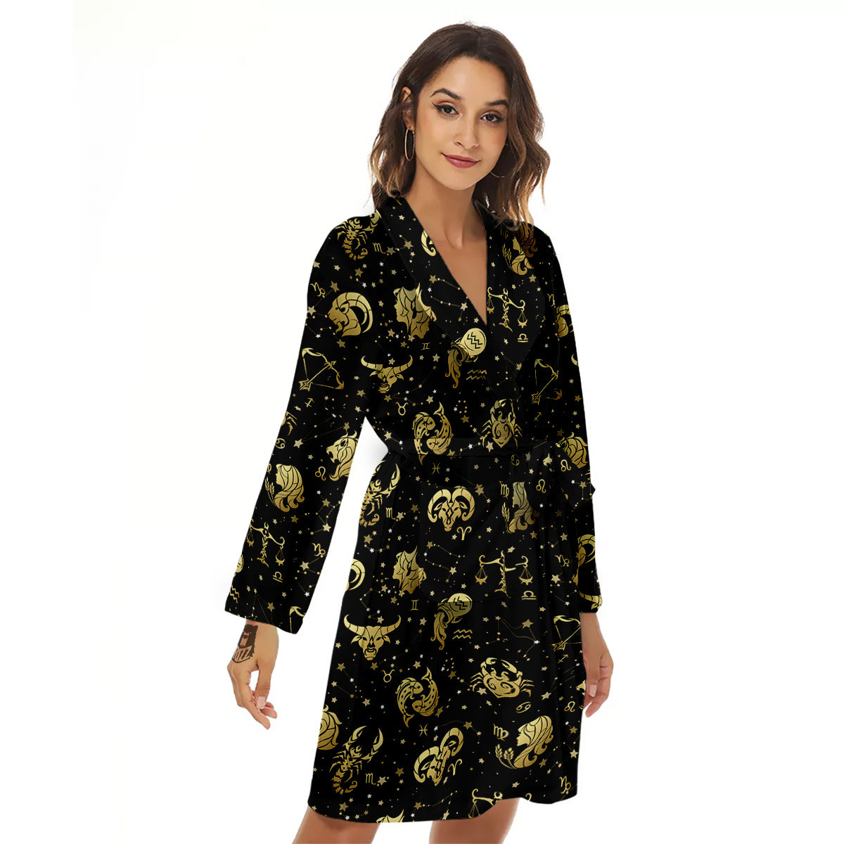 Golden Horoscope Zodiac Signs Print Pattern Women's Robe-grizzshop
