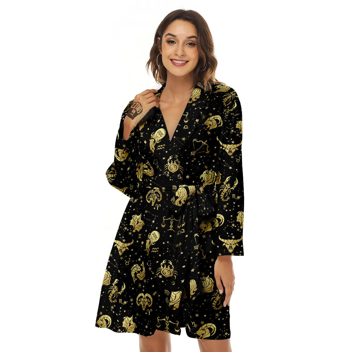 Golden Horoscope Zodiac Signs Print Pattern Women's Robe-grizzshop