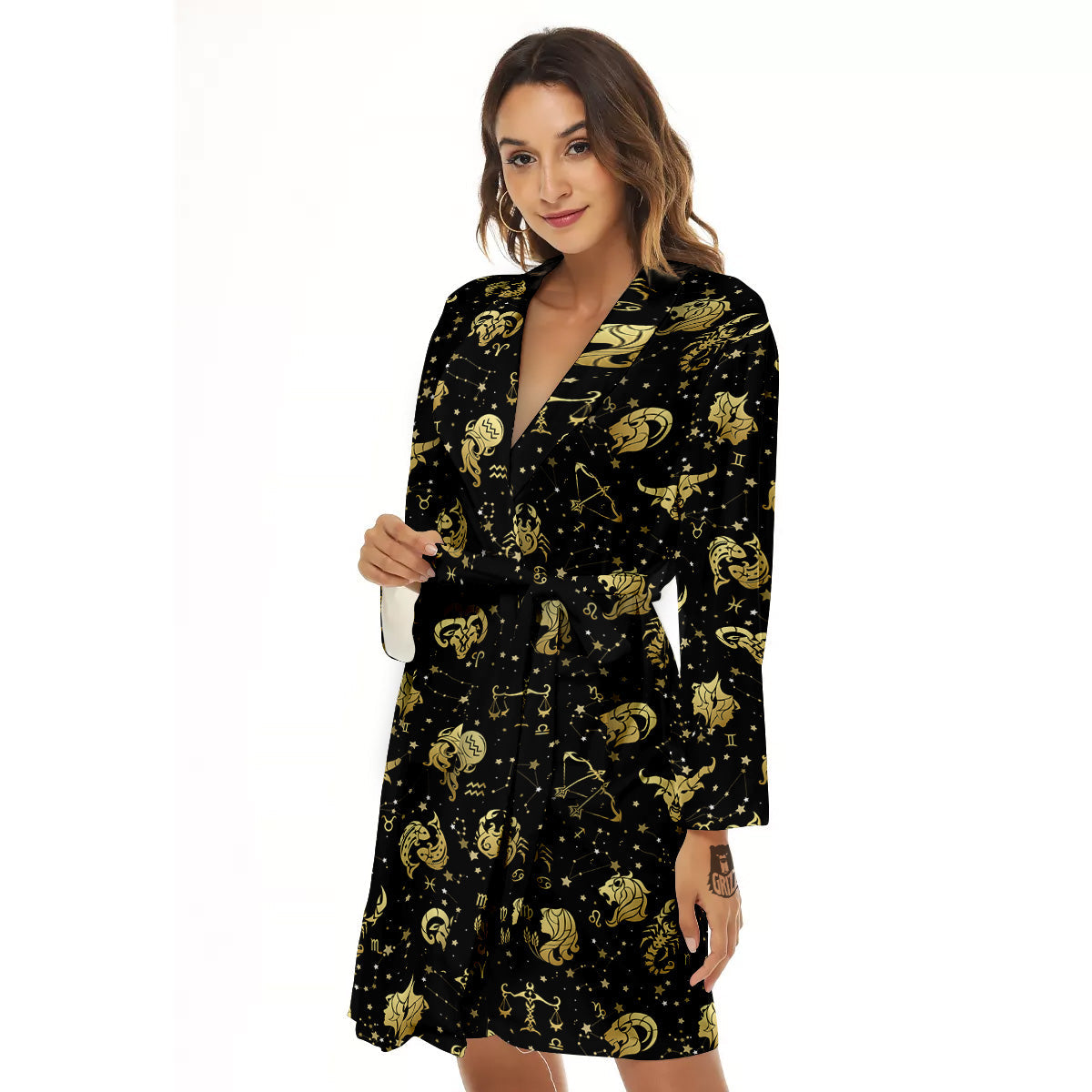 Golden Horoscope Zodiac Signs Print Pattern Women's Robe-grizzshop