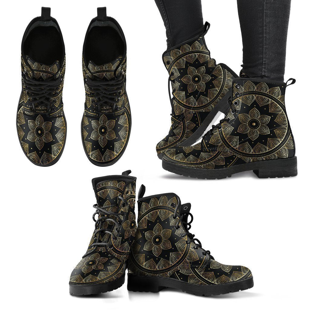 Golden Lotus Mandala Women's Leather Boots-grizzshop