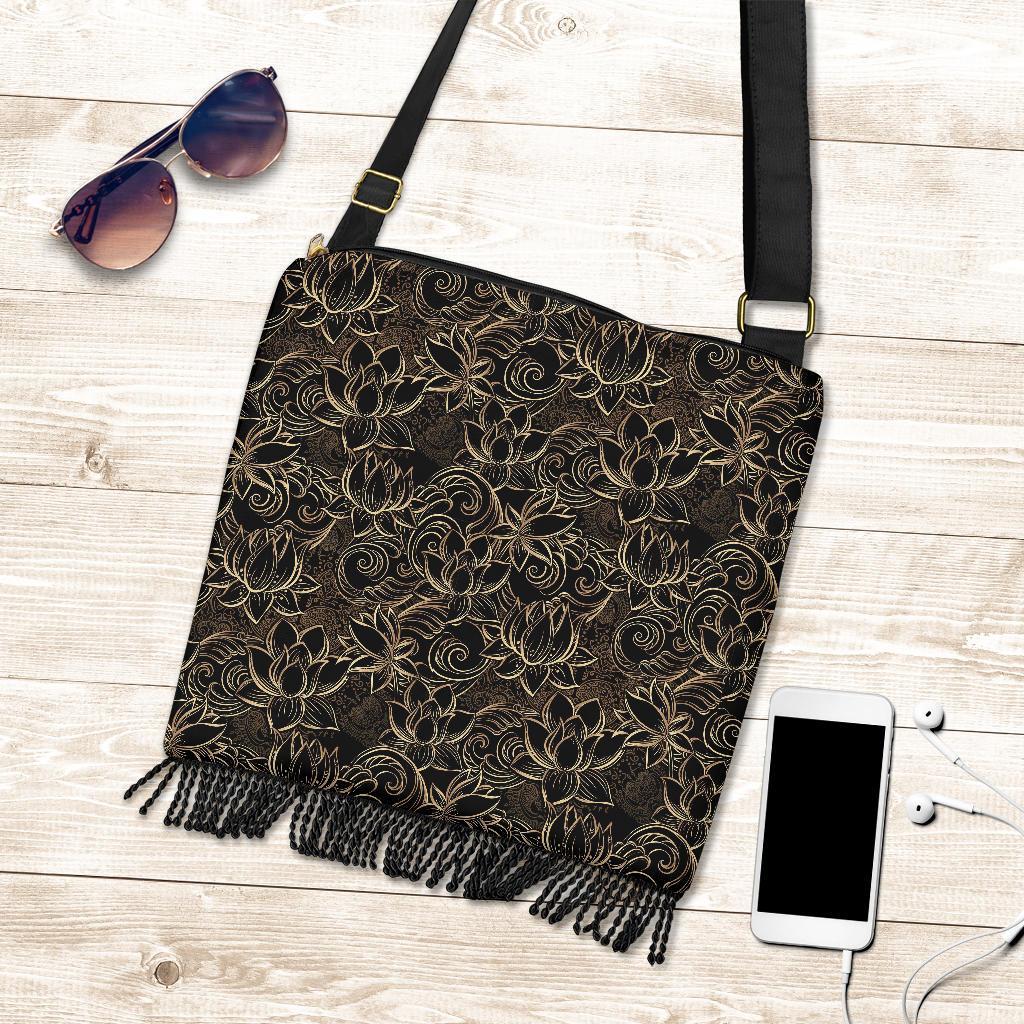 Golden Lotus Pattern Print Crossbody Bags-grizzshop