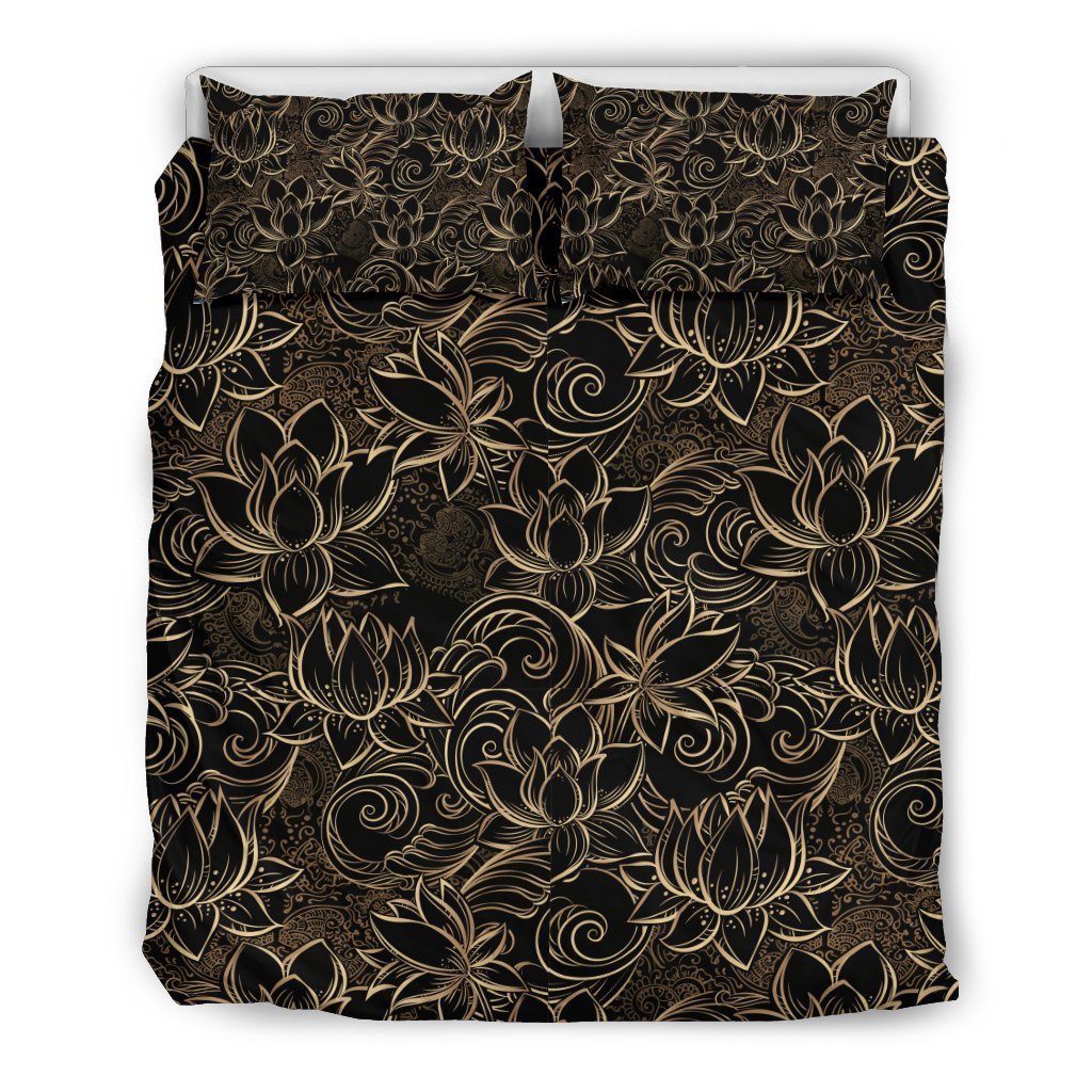 Golden Lotus Pattern Print Duvet Cover Bedding Set-grizzshop