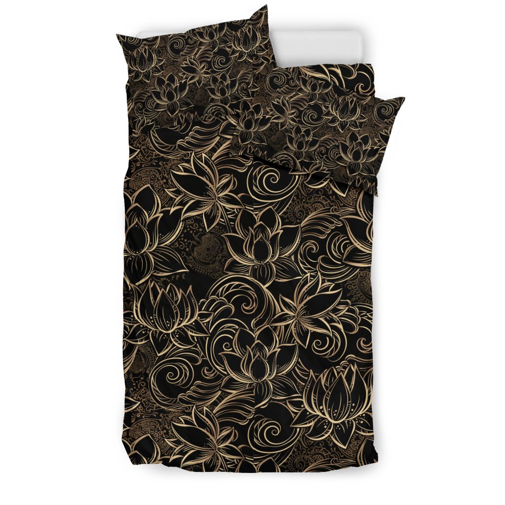 Golden Lotus Pattern Print Duvet Cover Bedding Set-grizzshop