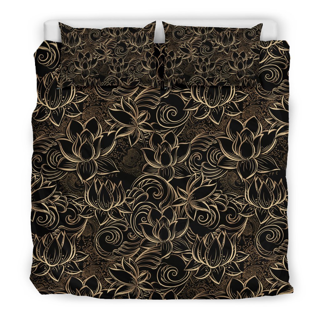 Golden Lotus Pattern Print Duvet Cover Bedding Set-grizzshop