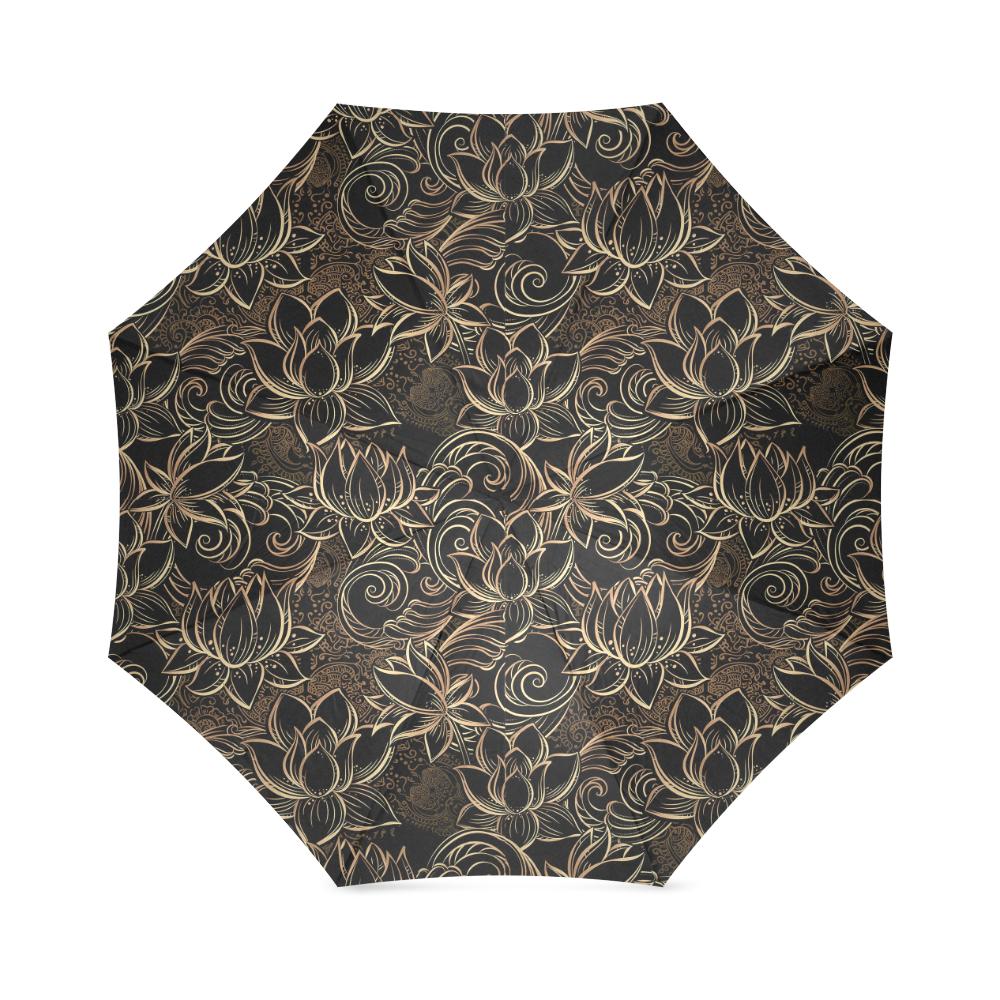 Golden Lotus Pattern Print Foldable Umbrella-grizzshop