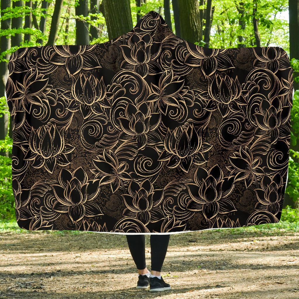 Golden Lotus Pattern Print Hooded Blanket-grizzshop