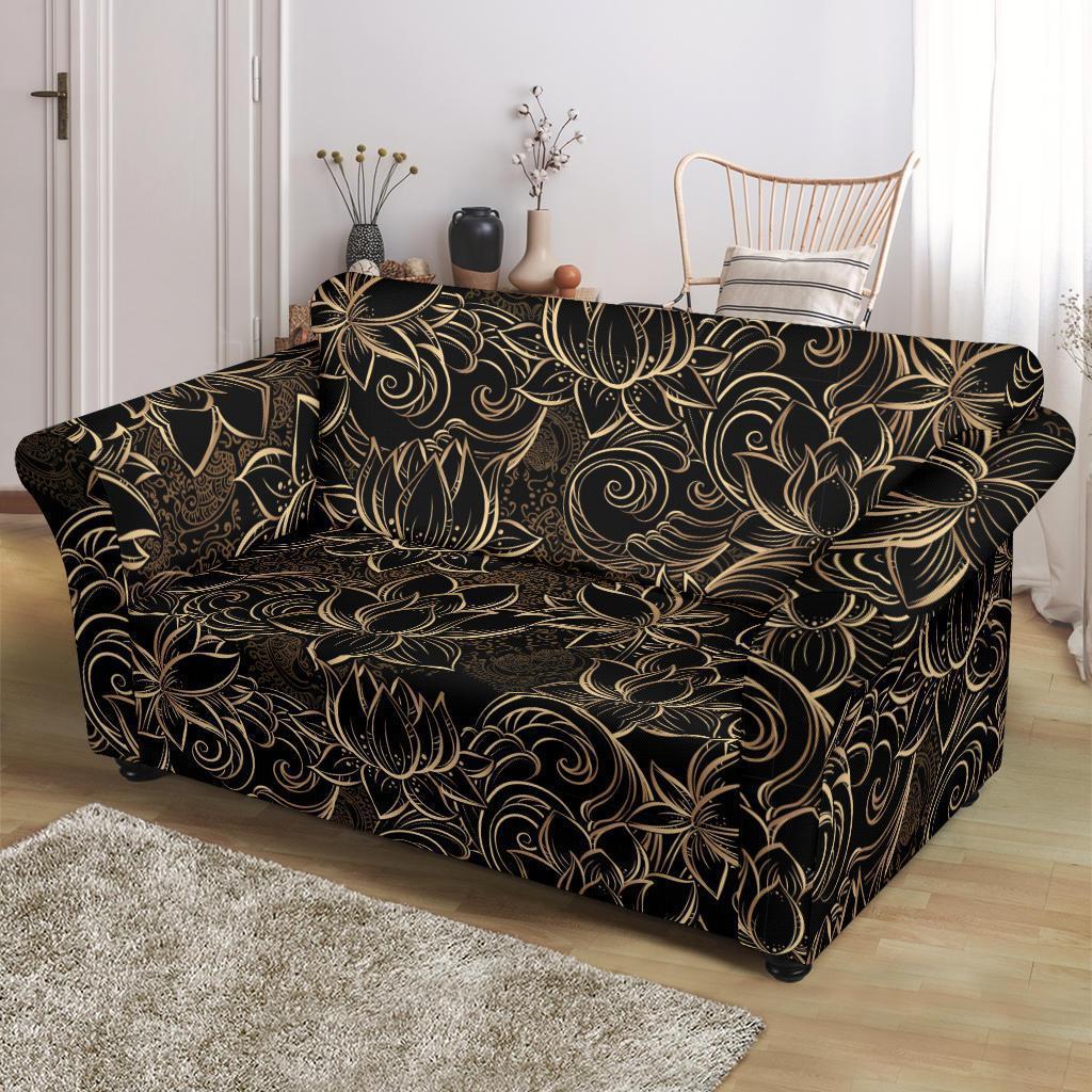 Golden Lotus Pattern Print Loveseat Cover-grizzshop