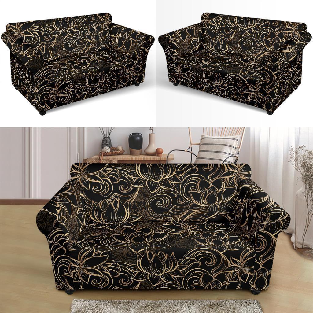 Golden Lotus Pattern Print Loveseat Cover-grizzshop