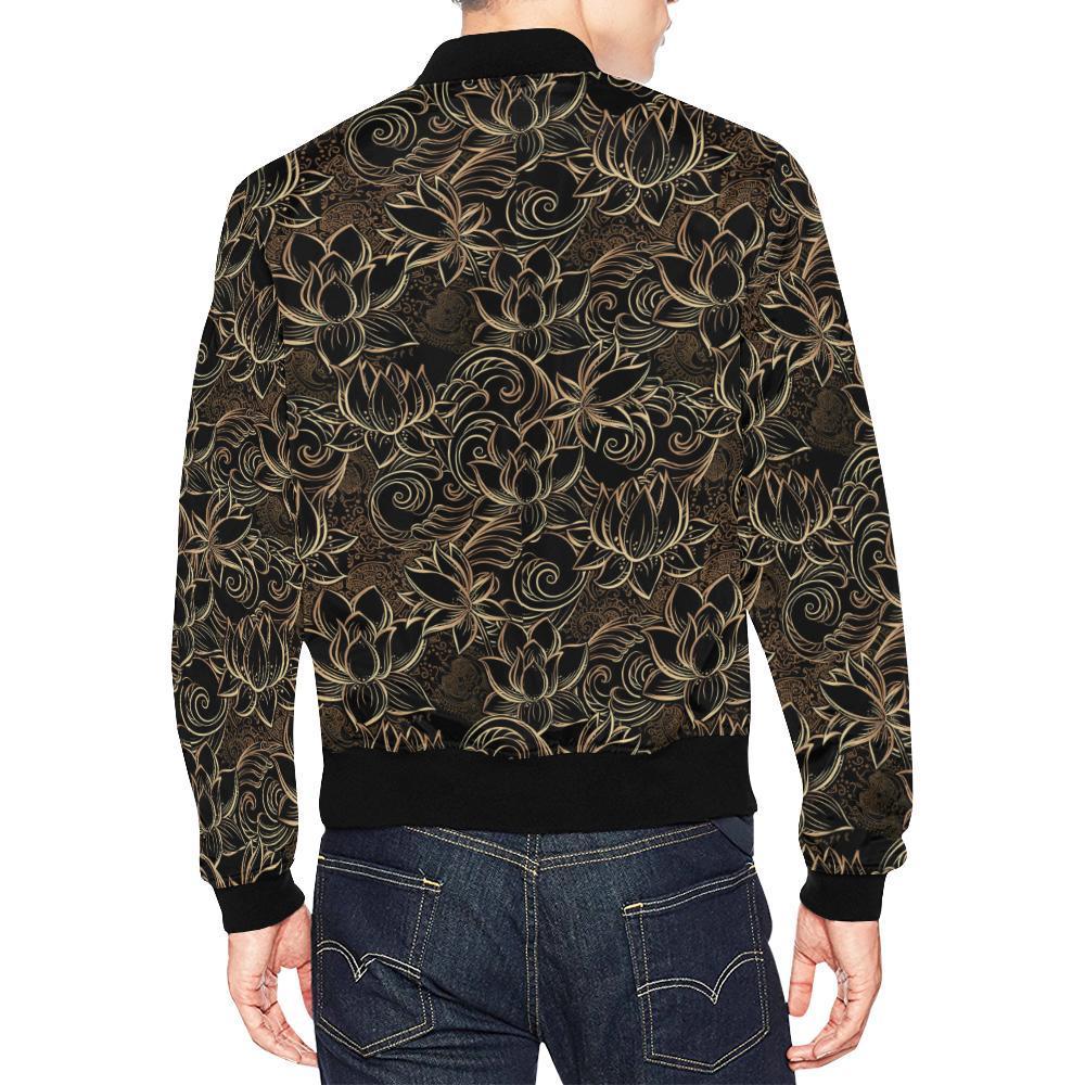 Golden Lotus Pattern Print Men's Bomber Jacket-grizzshop