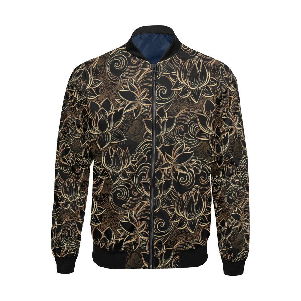 Golden Lotus Pattern Print Men's Bomber Jacket-grizzshop