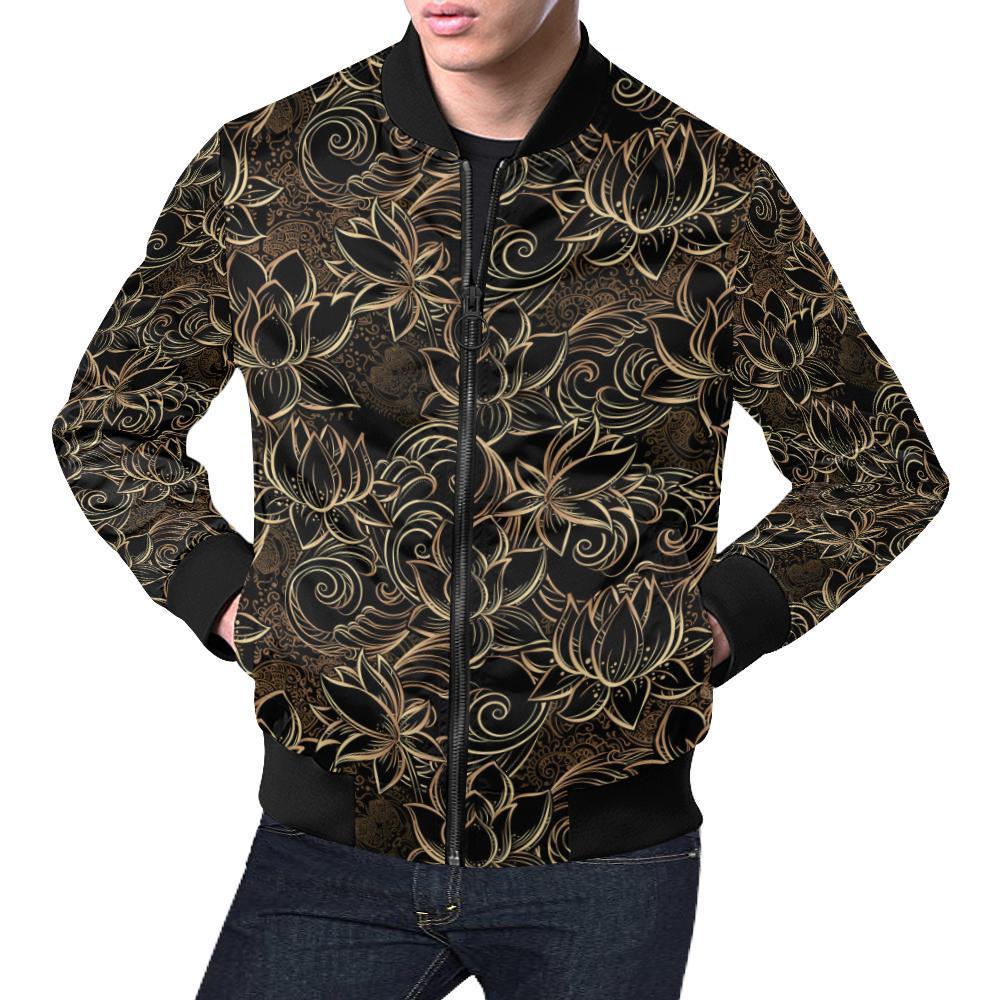 Golden Lotus Pattern Print Men's Bomber Jacket-grizzshop