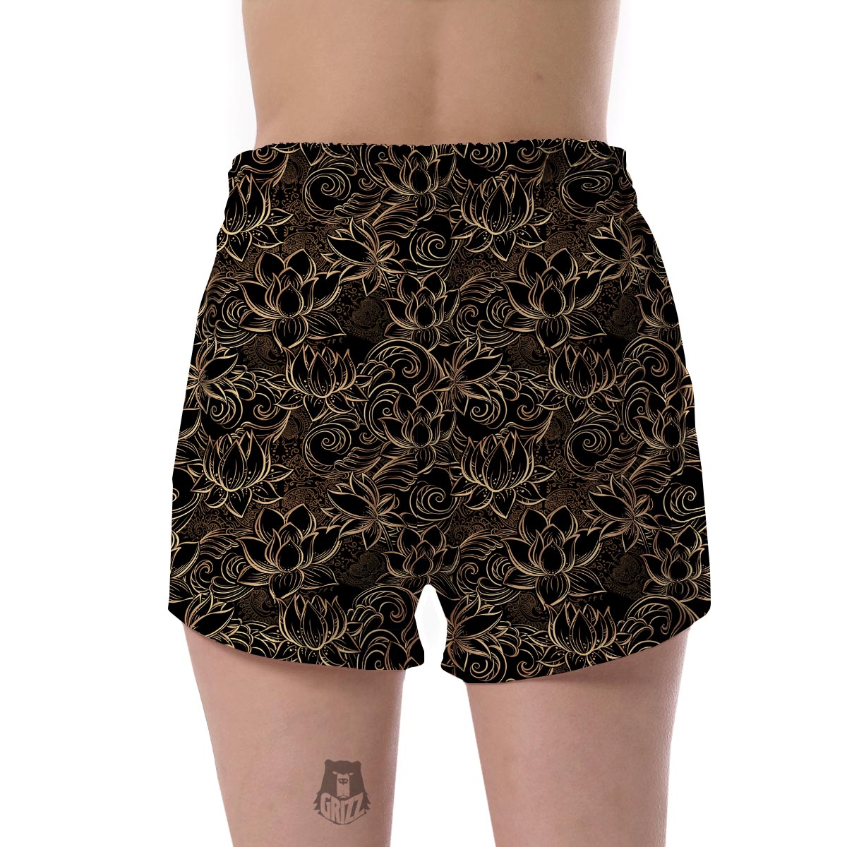 Golden Lotus Pattern Print Women's Shorts-grizzshop