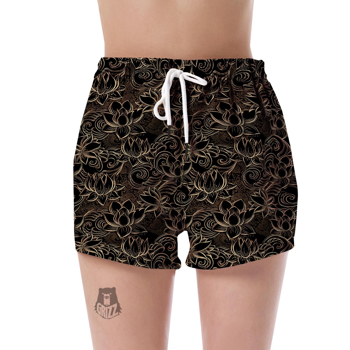 Golden Lotus Pattern Print Women's Shorts-grizzshop