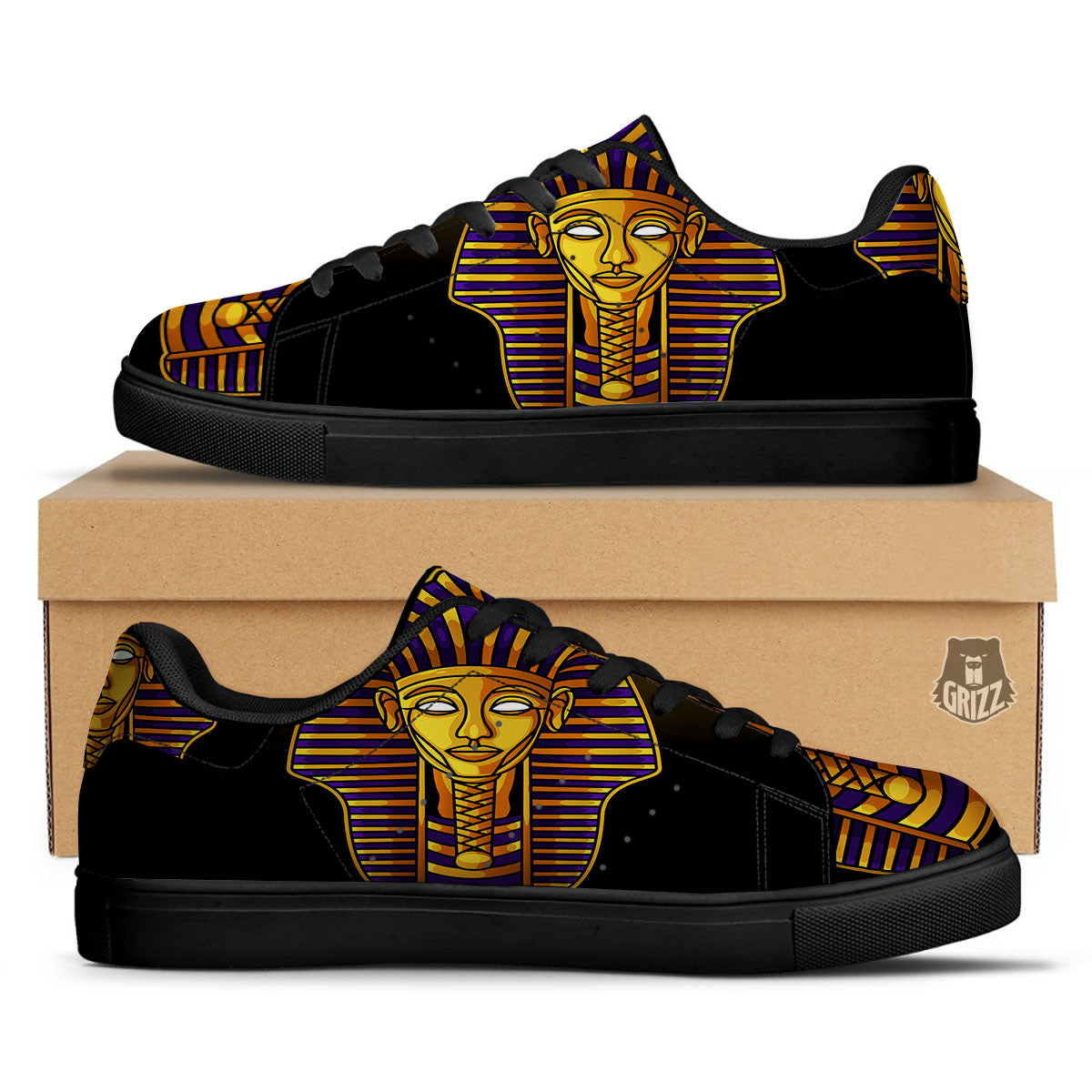 Golden Pharaoh Egyptian Print Black Low Top Sneakers-grizzshop