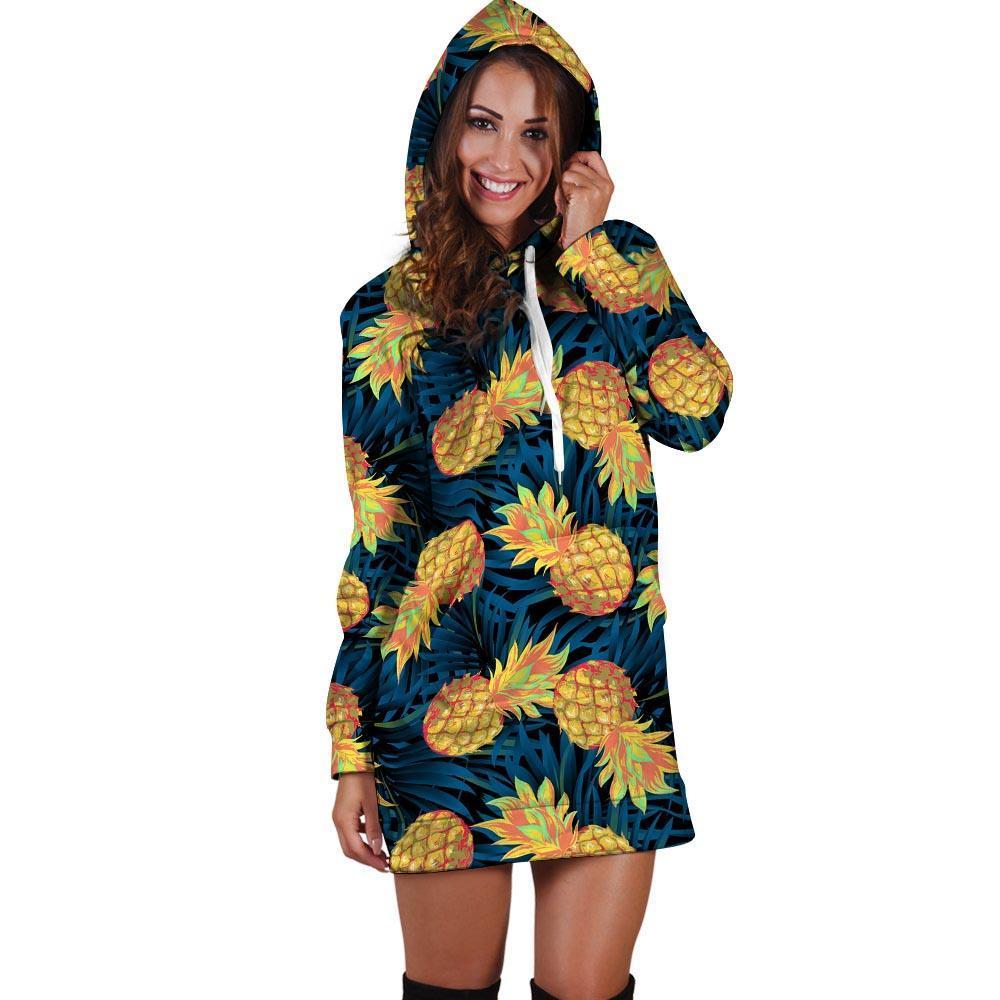 Golden Pineapple Edm Hawaiian Print Hoodie Dress-grizzshop