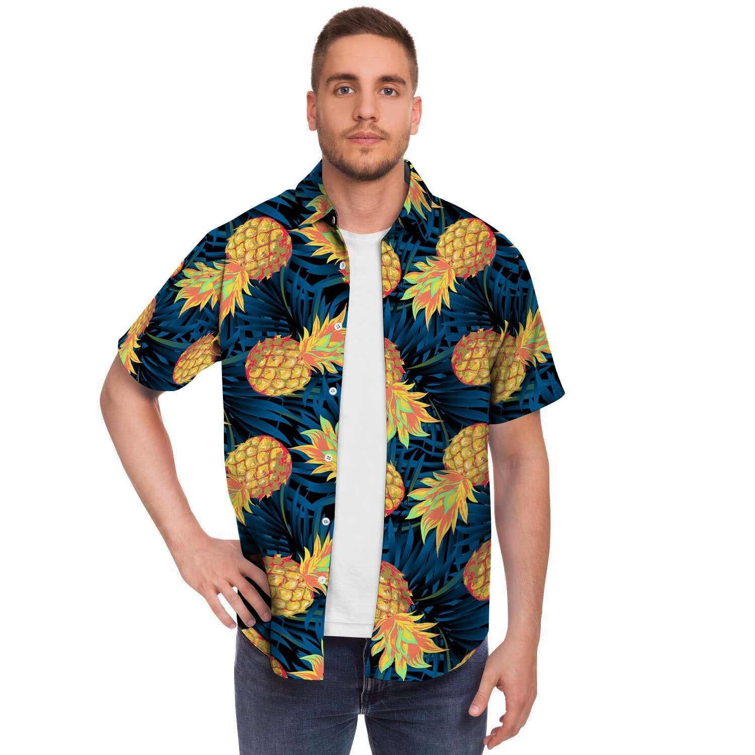 Golden Pineapple Edm Hawaiian Print Men's Short Sleeve Shirt-grizzshop