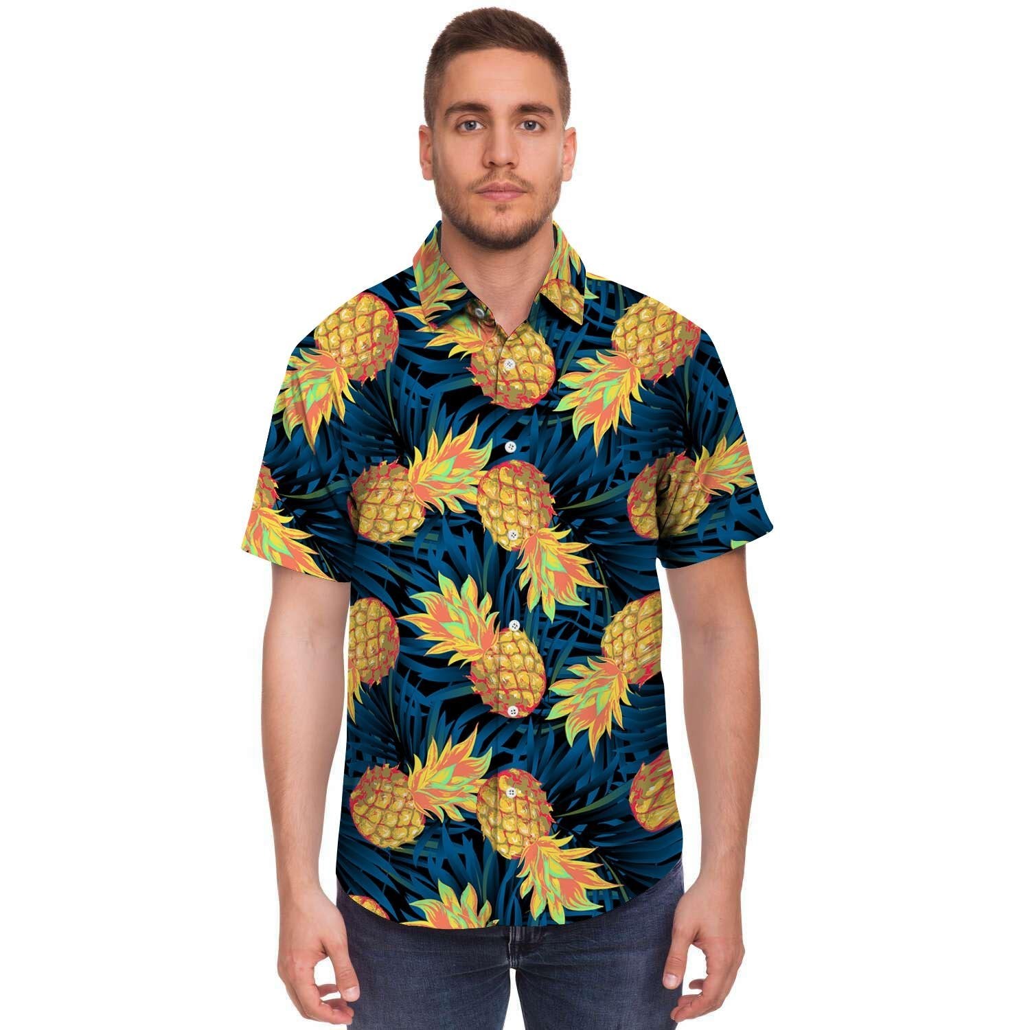 Golden Pineapple Edm Hawaiian Print Men's Short Sleeve Shirt-grizzshop