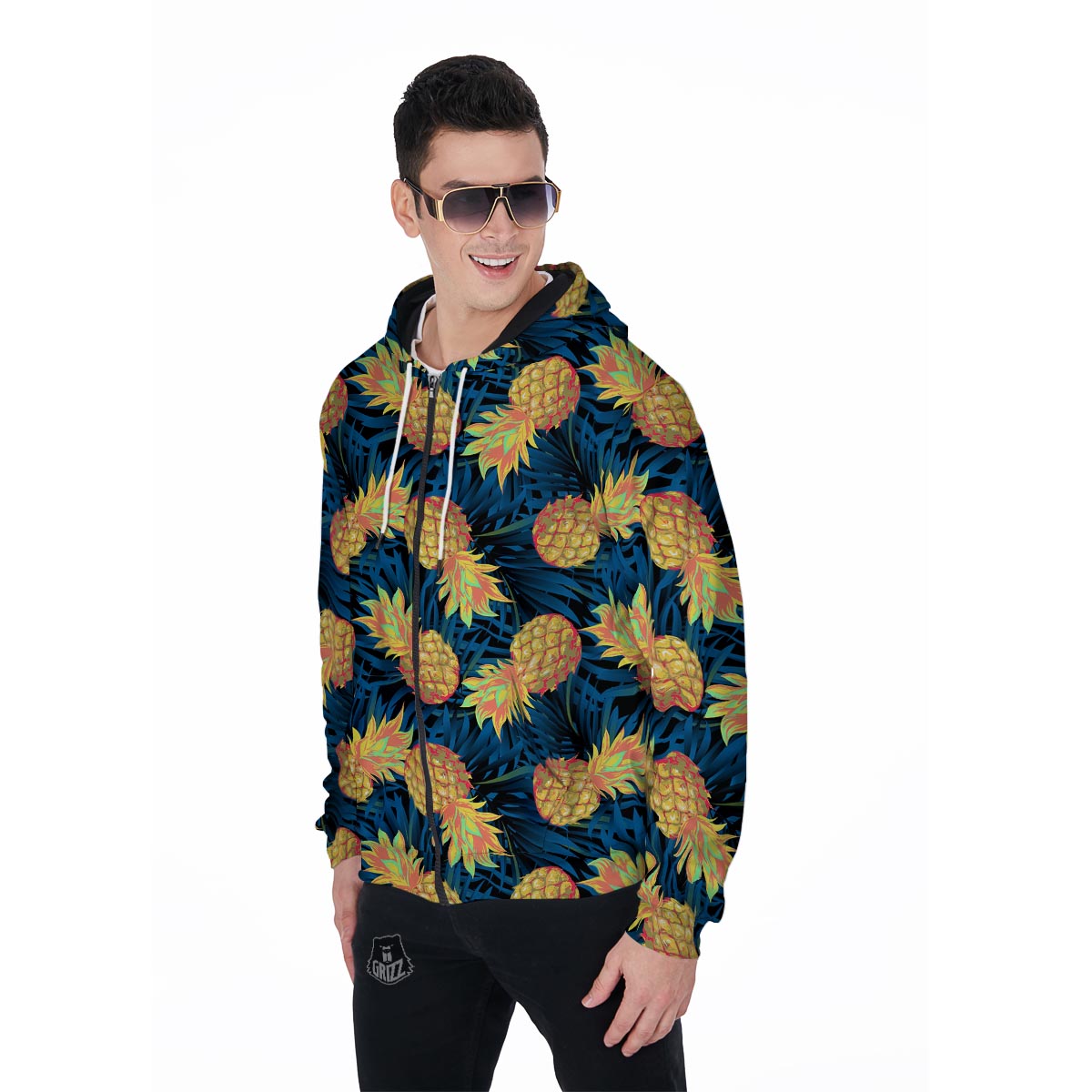 Golden Pineapple Edm Hawaiian Print Men's Zip Up Hoodie-grizzshop