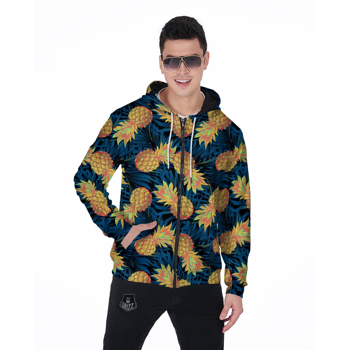 Golden Pineapple Edm Hawaiian Print Men's Zip Up Hoodie-grizzshop