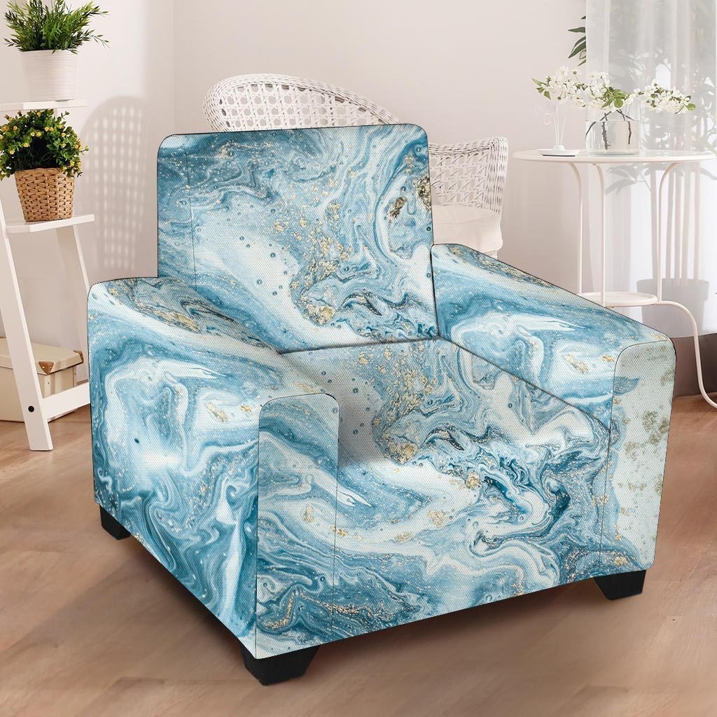 Golden Powder Blue Marble Armchair Cover-grizzshop