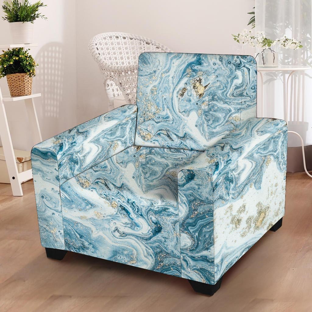 Golden Powder Blue Marble Armchair Cover-grizzshop