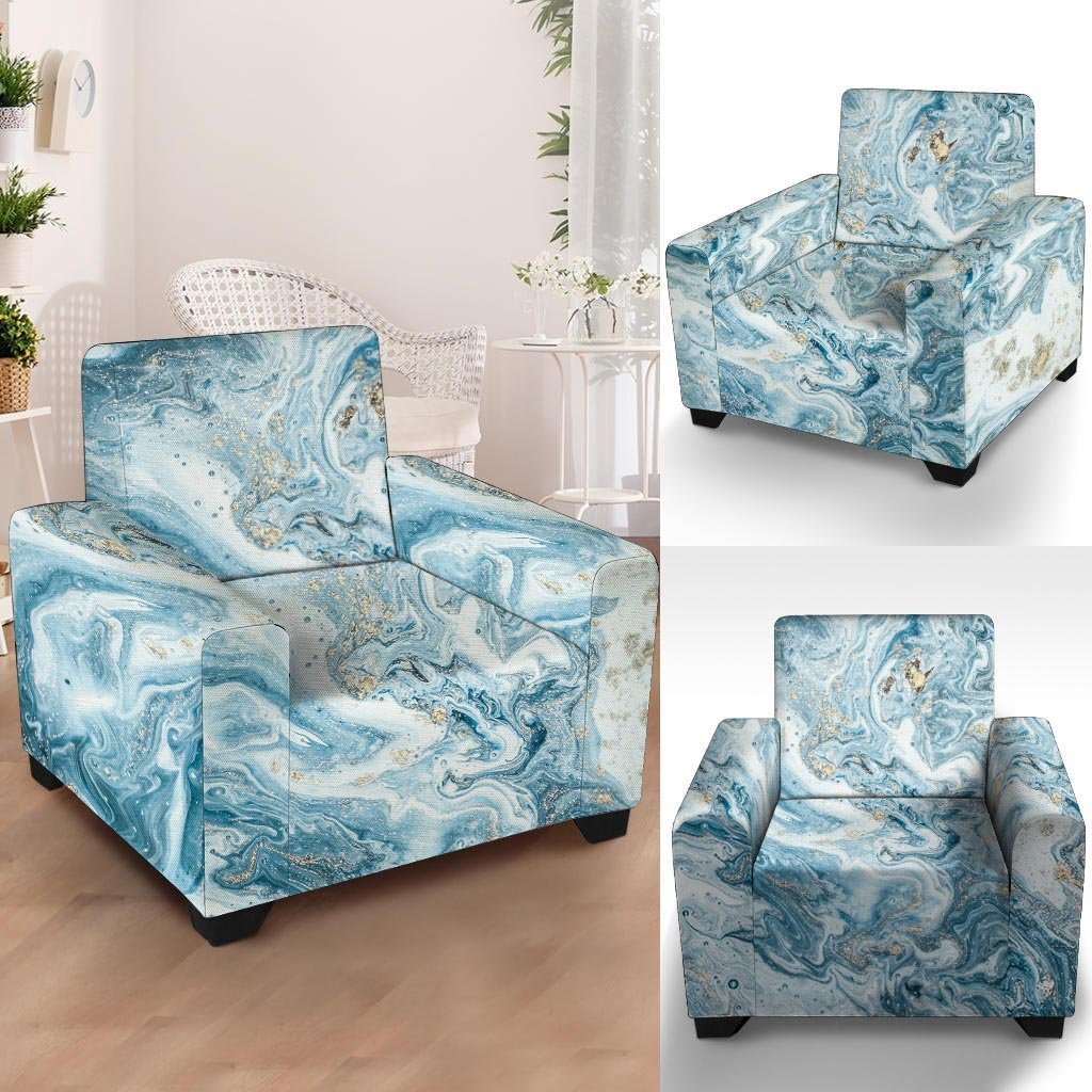 Golden Powder Blue Marble Armchair Cover-grizzshop