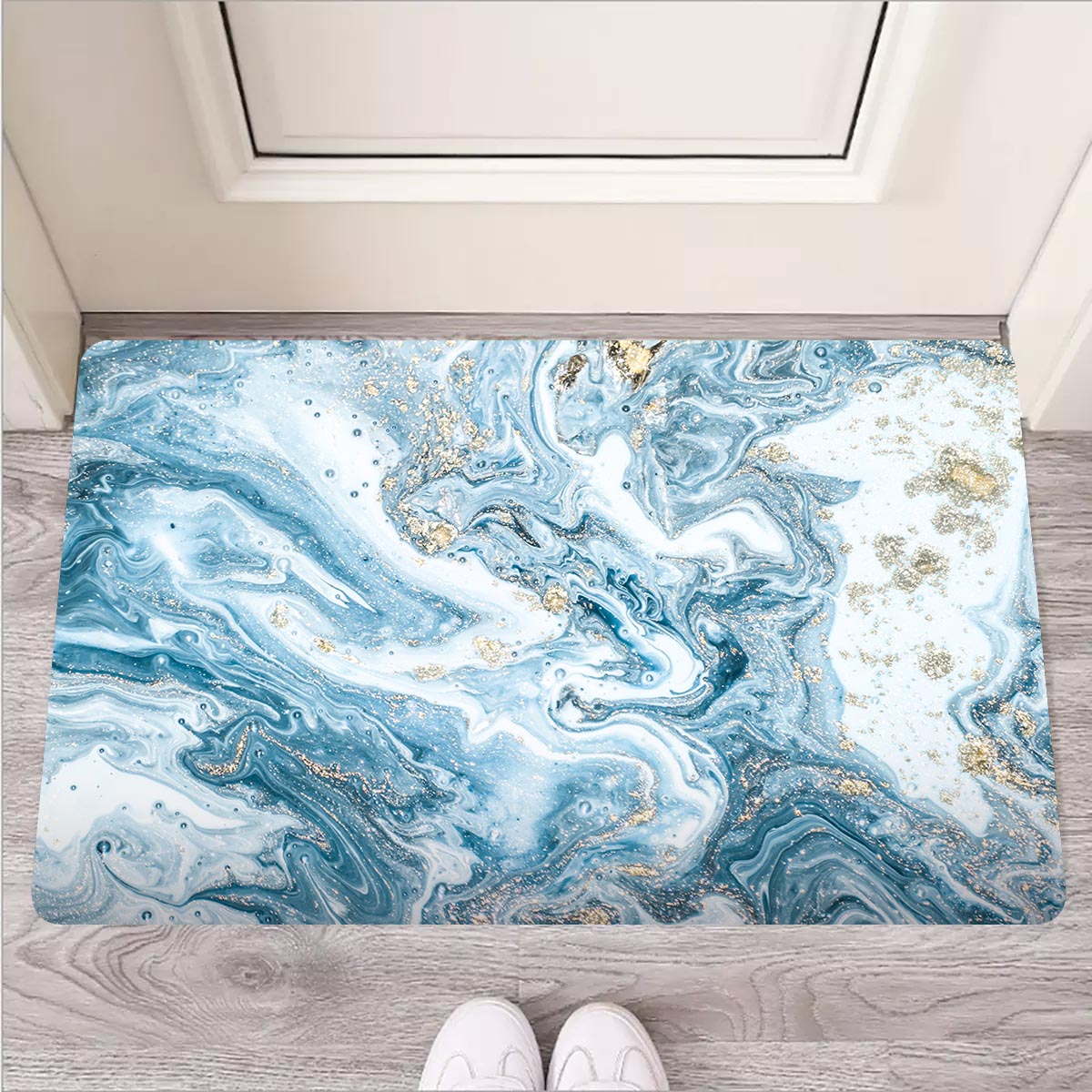 Golden Powder Blue Marble Door Mat-grizzshop