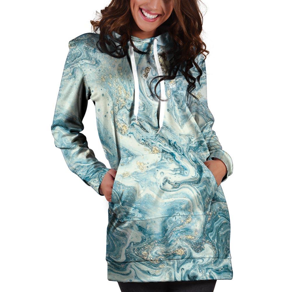 Golden Powder Blue Marble Hoodie Dress-grizzshop