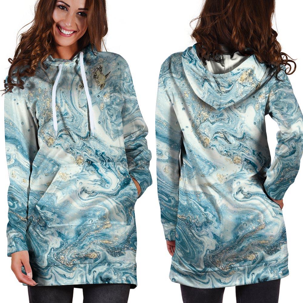 Golden Powder Blue Marble Hoodie Dress-grizzshop