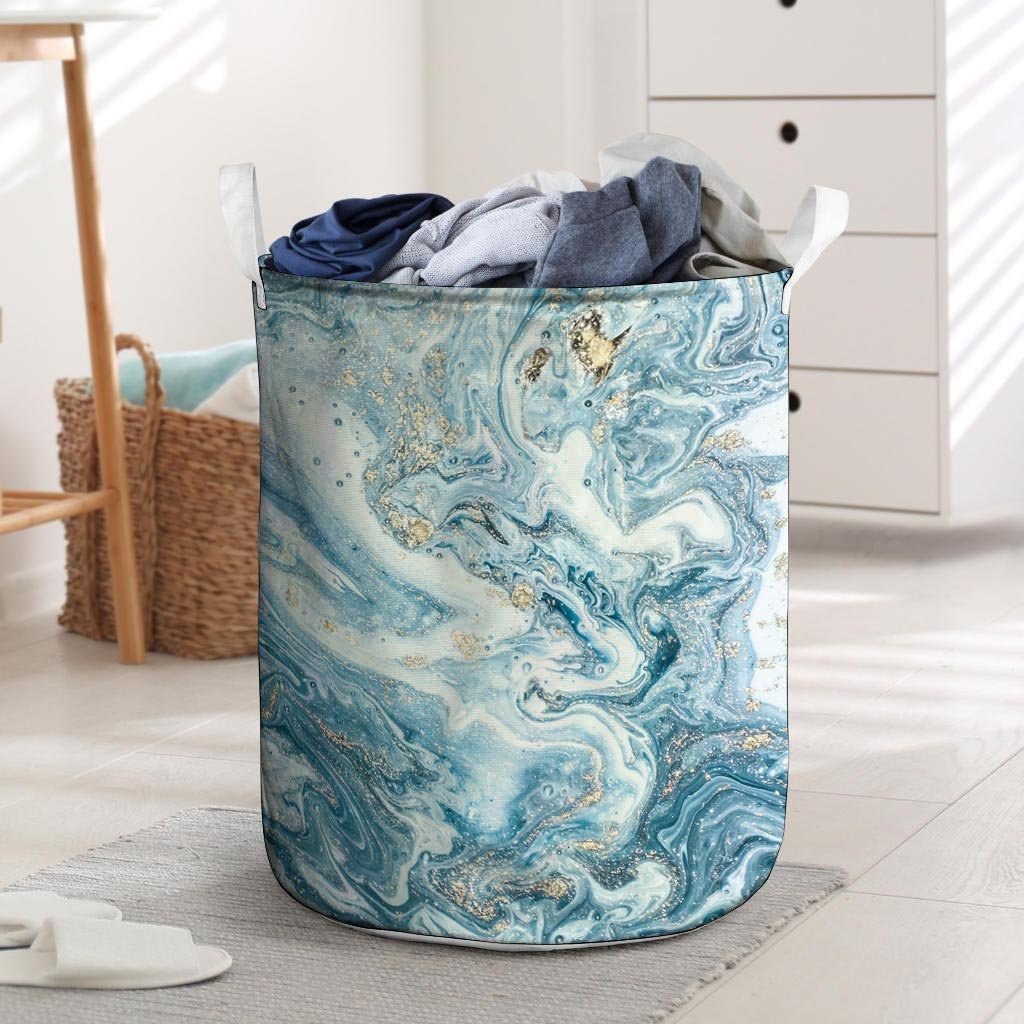 Golden Powder Blue Marble Laundry Basket-grizzshop