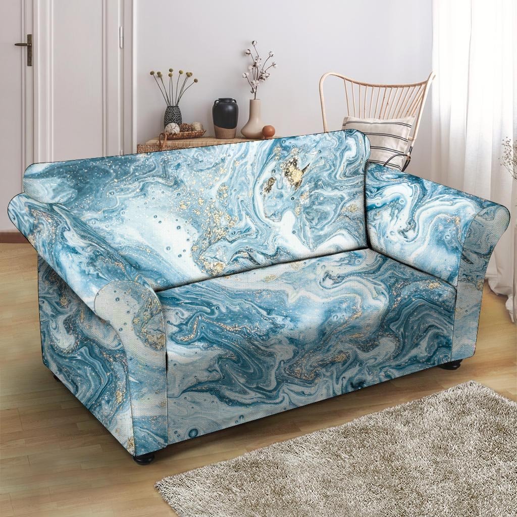 Golden Powder Blue Marble Loveseat Cover-grizzshop