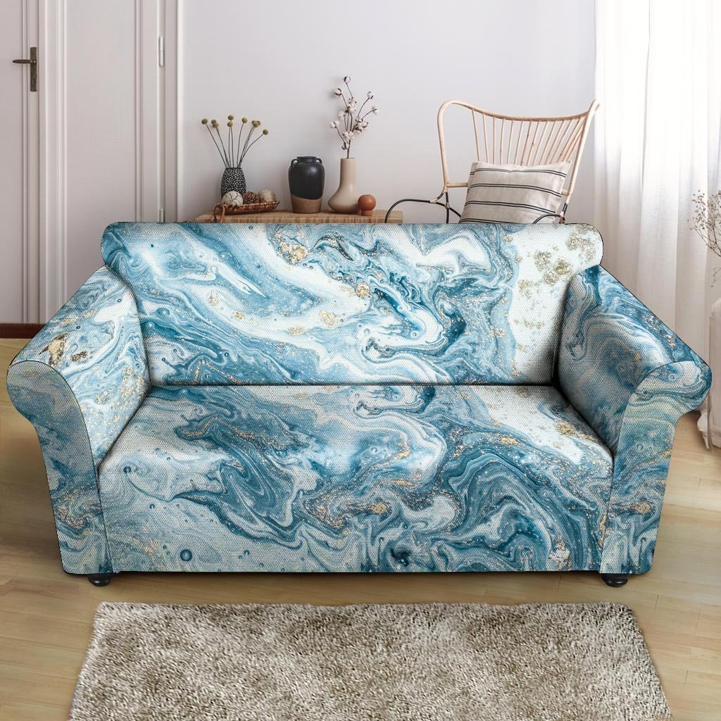 Golden Powder Blue Marble Loveseat Cover-grizzshop