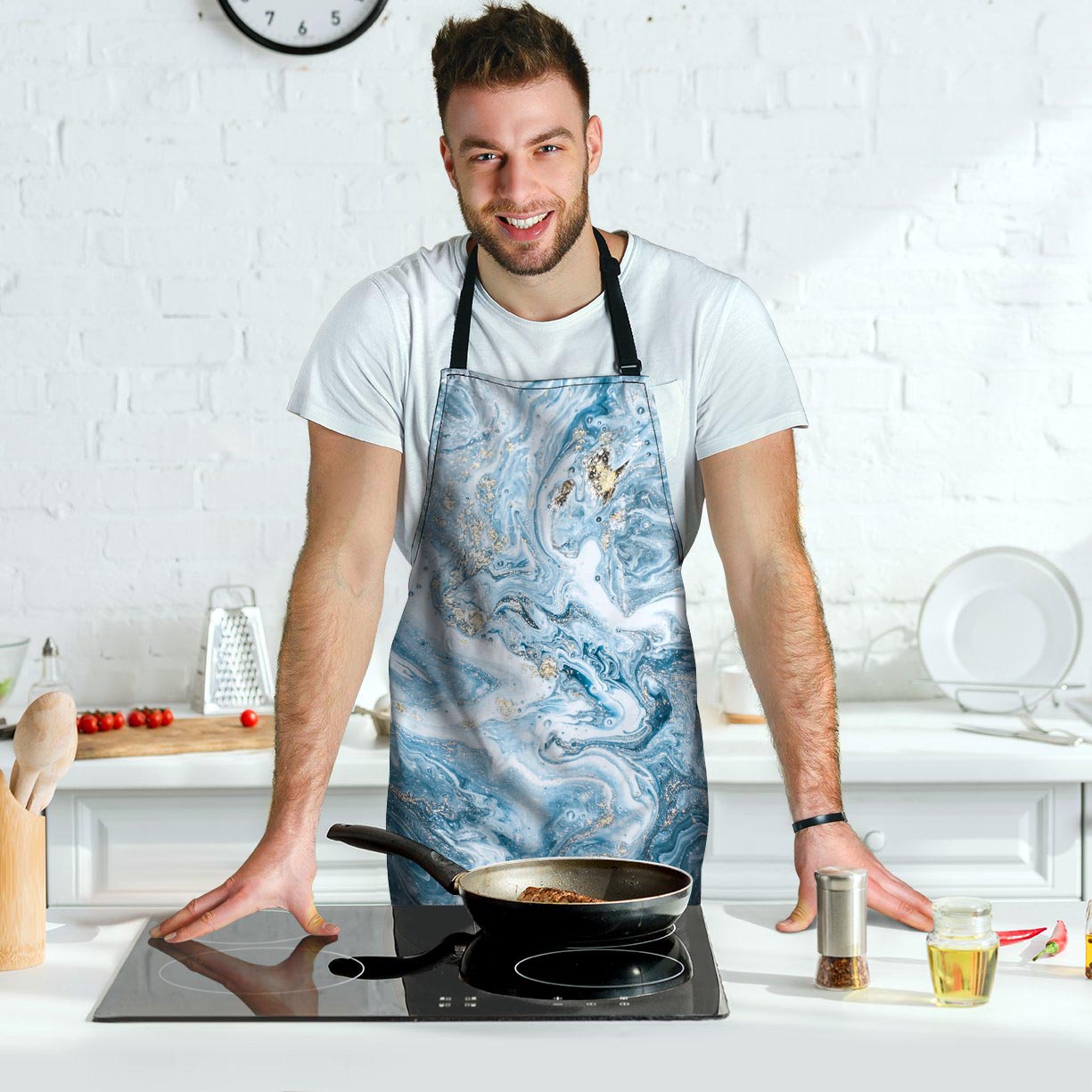 Golden Powder Blue Marble Men's Apron-grizzshop