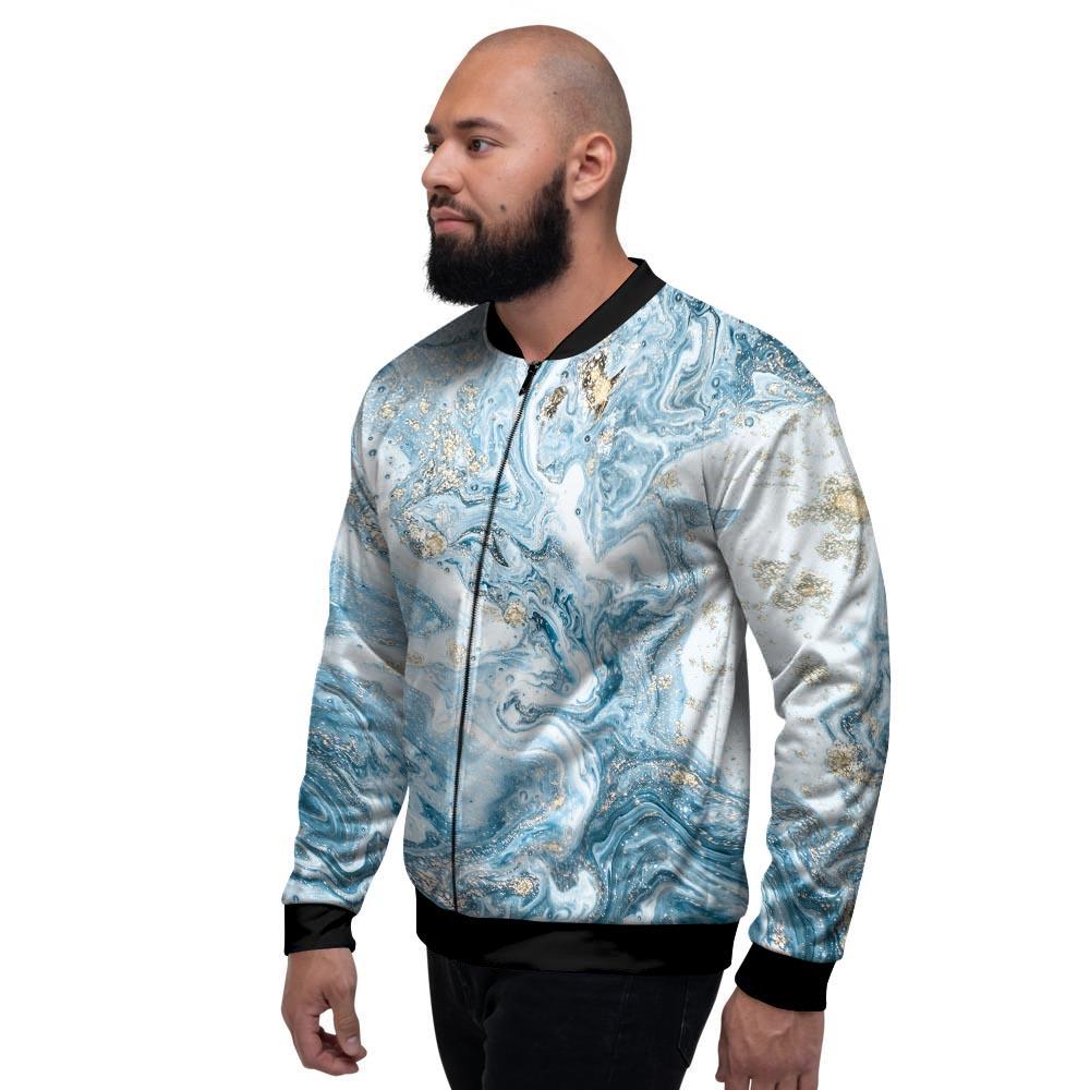 Golden Powder Blue Marble Men's Bomber Jacket-grizzshop