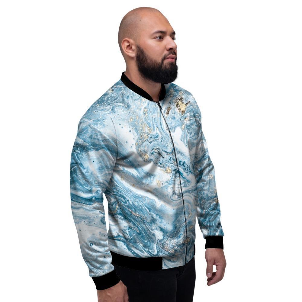 Golden Powder Blue Marble Men's Bomber Jacket-grizzshop