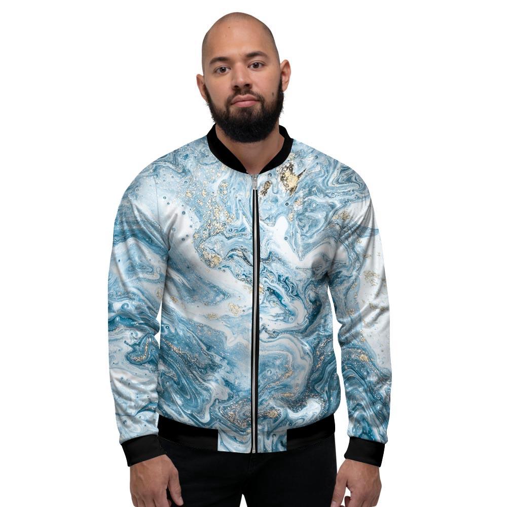 Golden Powder Blue Marble Men's Bomber Jacket-grizzshop