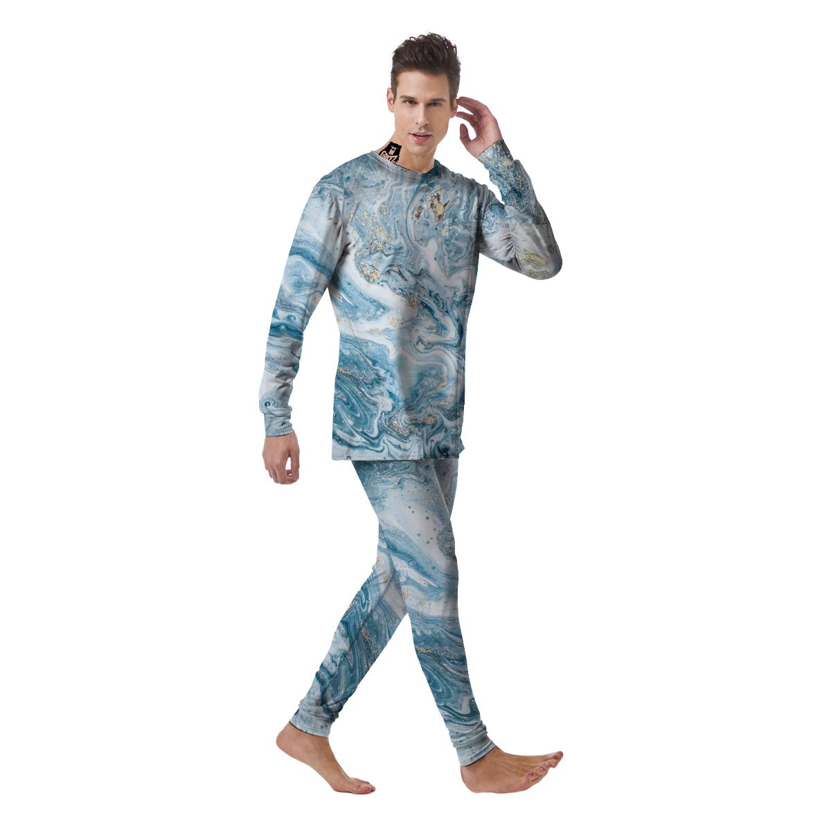 Golden Powder Blue Marble Men's Pajamas-grizzshop