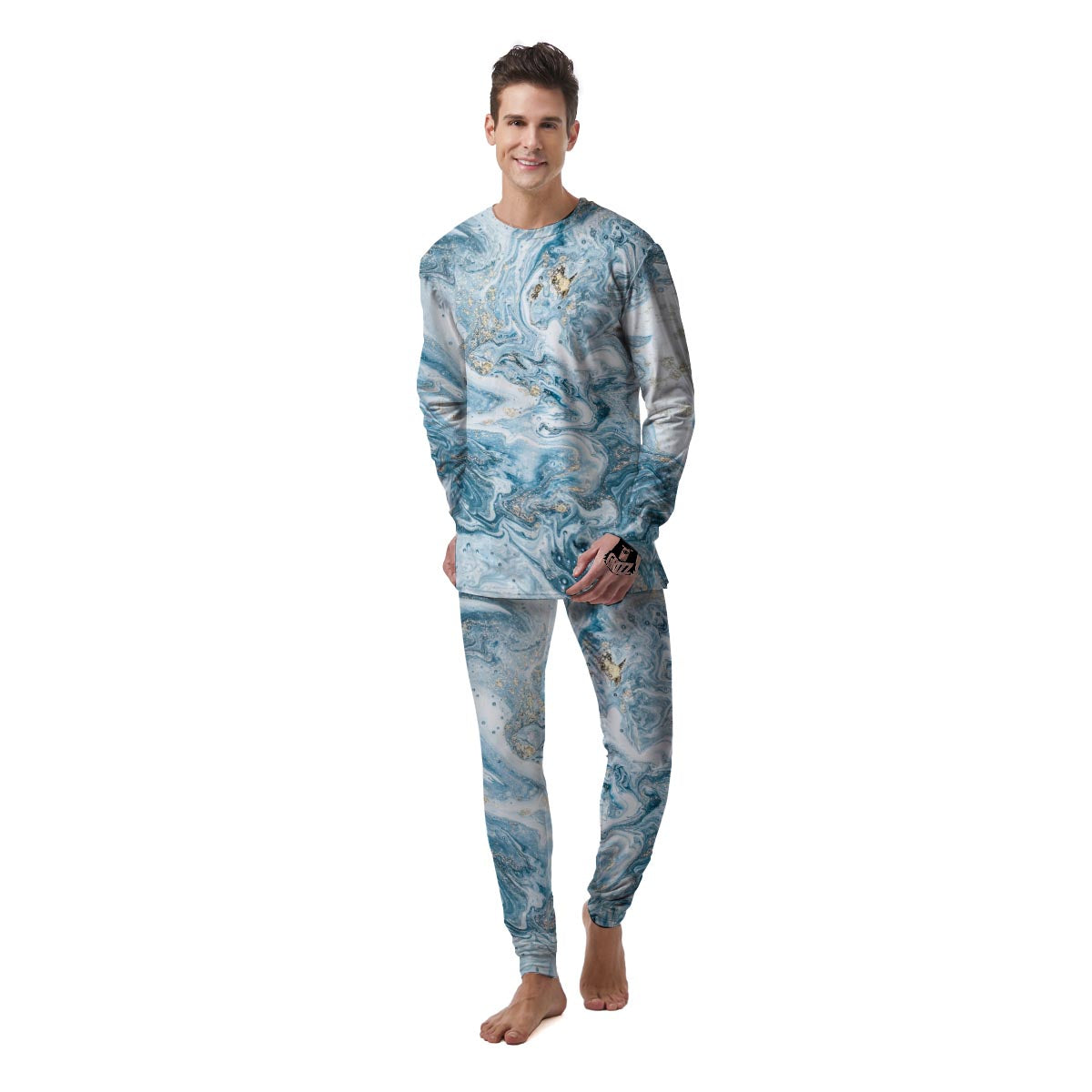 Golden Powder Blue Marble Men's Pajamas-grizzshop