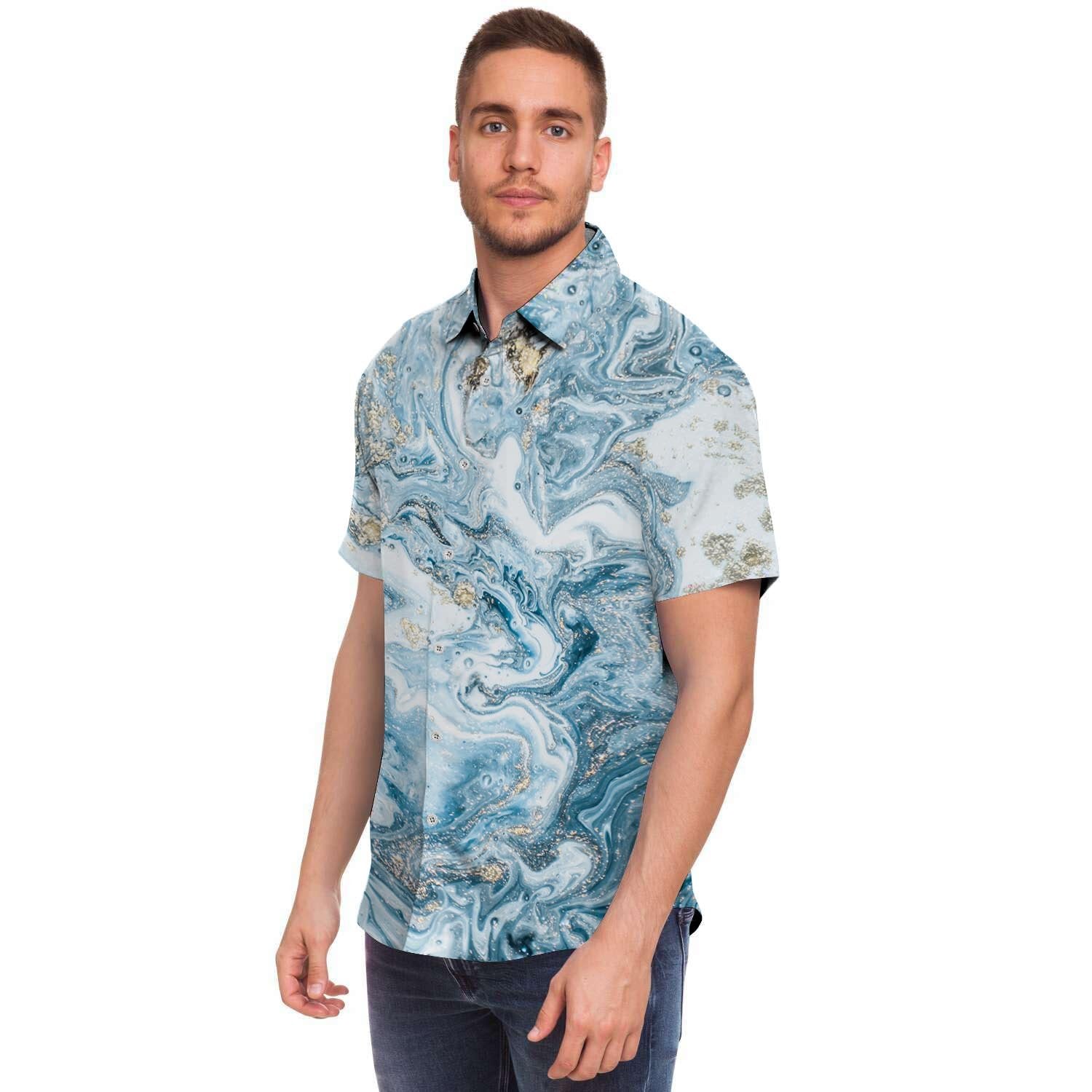 Golden Powder Blue Marble Men's Short Sleeve Shirt-grizzshop