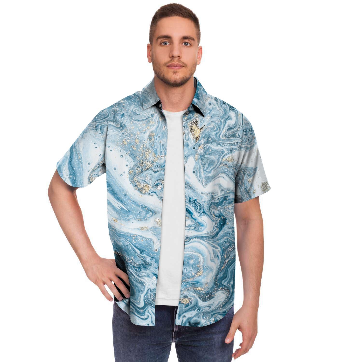 Golden Powder Blue Marble Men's Short Sleeve Shirt-grizzshop