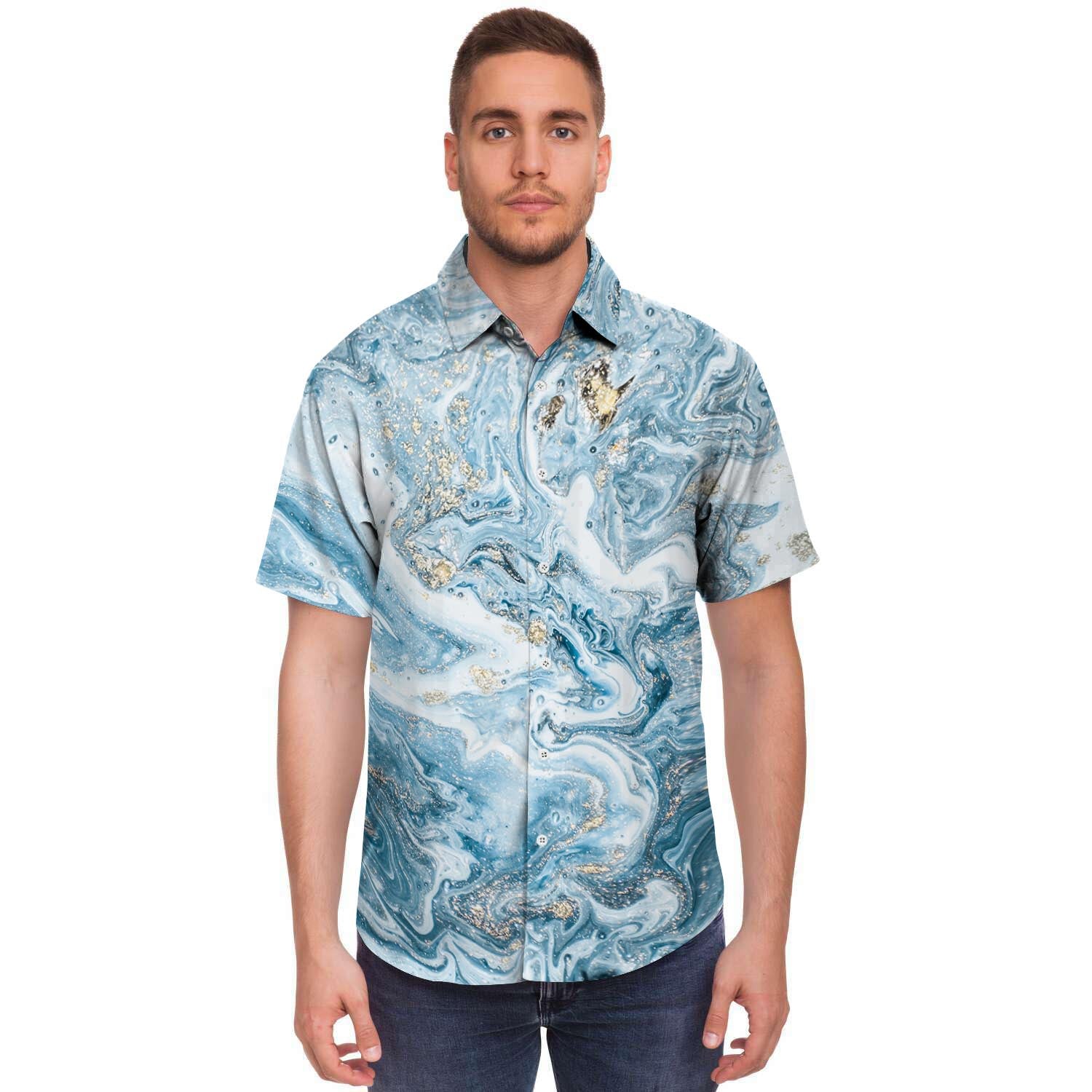Golden Powder Blue Marble Men's Short Sleeve Shirt-grizzshop