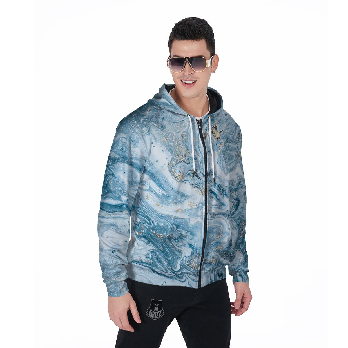 Golden Powder Blue Marble Men's Zip Up Hoodie-grizzshop