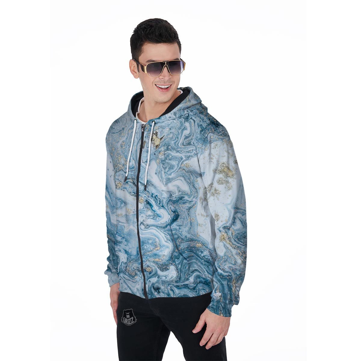 Golden Powder Blue Marble Men's Zip Up Hoodie-grizzshop